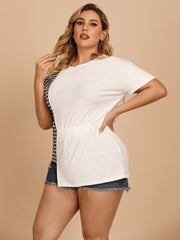 Plus size women's urban leisure round collar plaid stitching irregular hem long short sleeved T-shirt Sai Feel