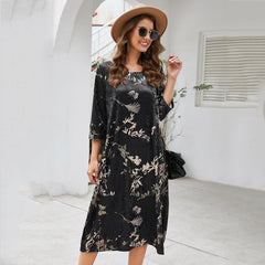 Plus-size women's vintage print canary velvet dress with round neck and three-quarter sleeves Sai Feel