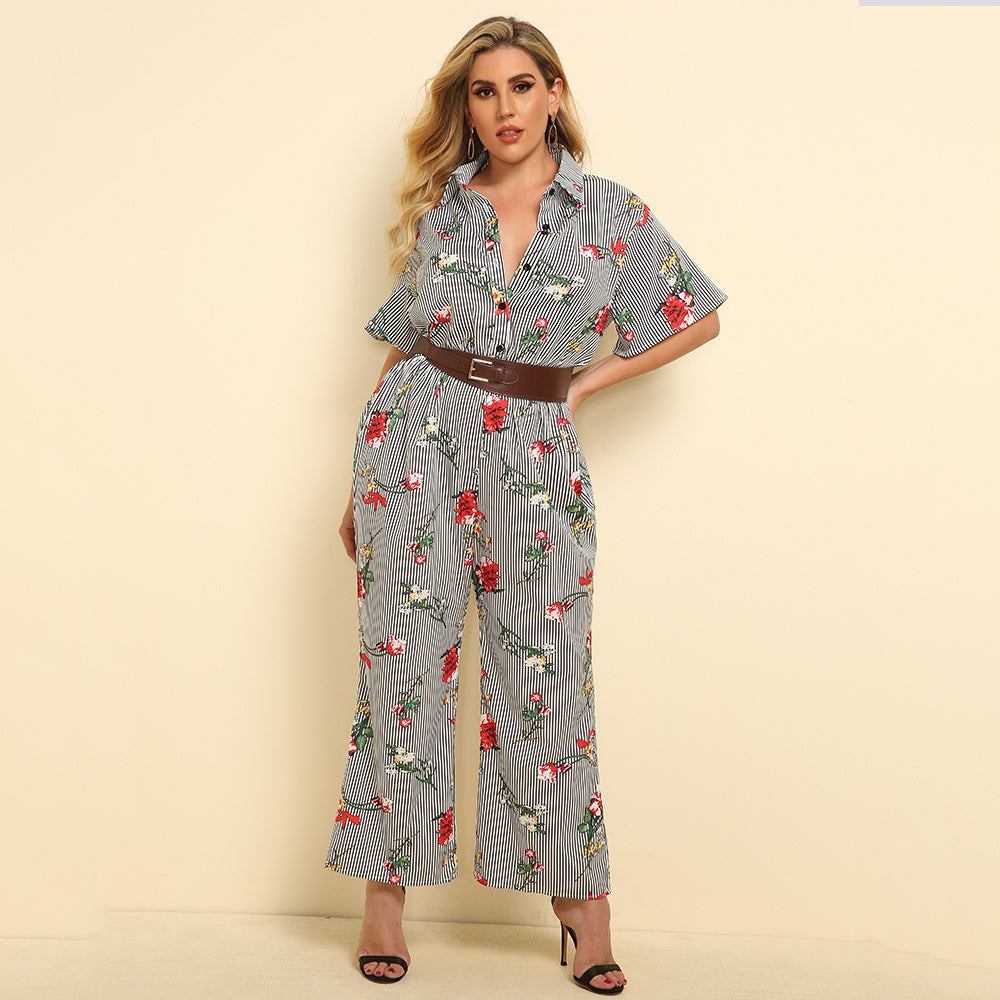 Plus size women wide legs in print with lapel and stripes jumpsuits Sai Feel
