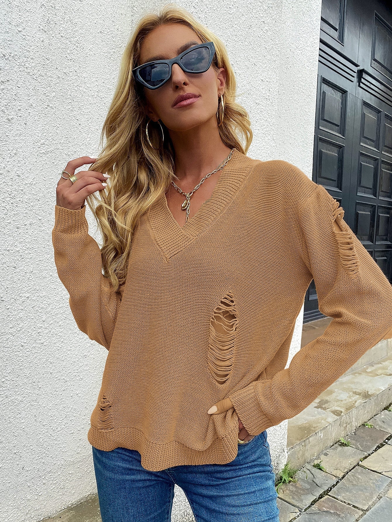 Pointelle V Neck Sweater Pullover Sai Feel