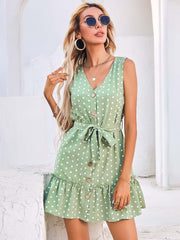 Polka Dot Button Front Ruffle Hem Belted Dress Sai Feel