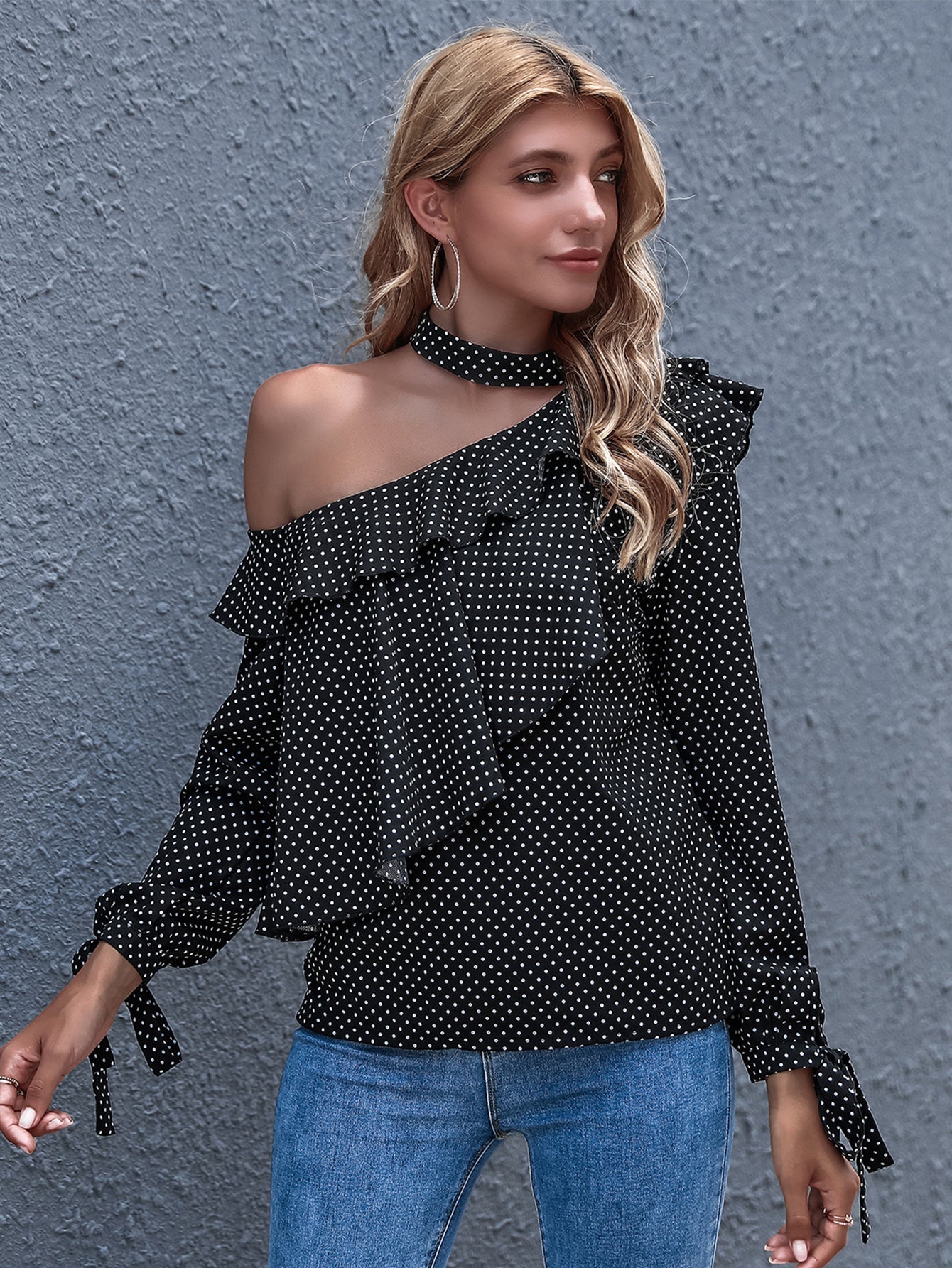 Polka Dot Cold Shoulder Ruffle Hem Blouse Sai Feel