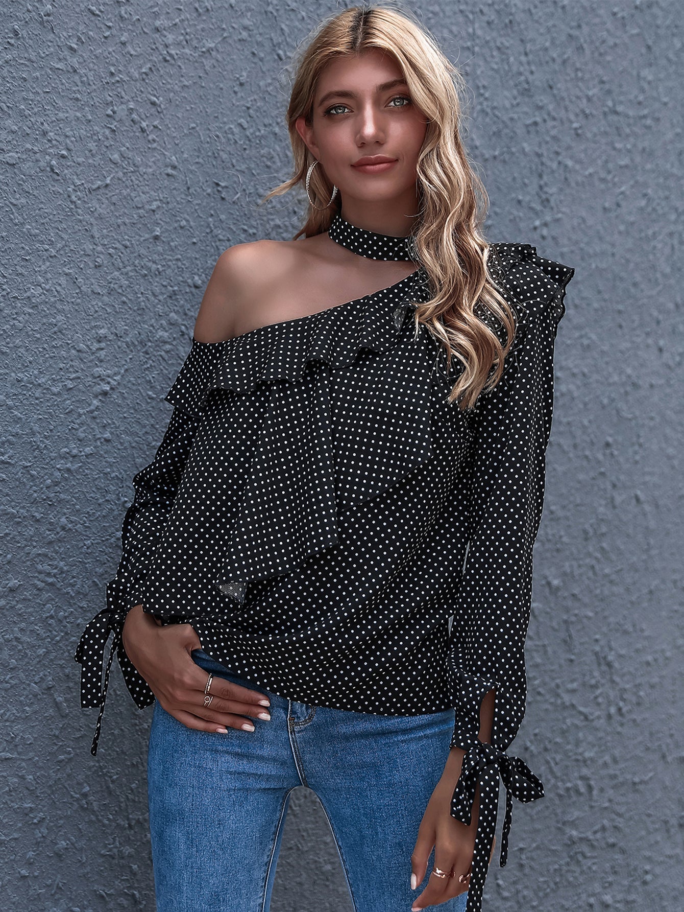 Polka Dot Cold Shoulder Ruffle Hem Blouse Sai Feel