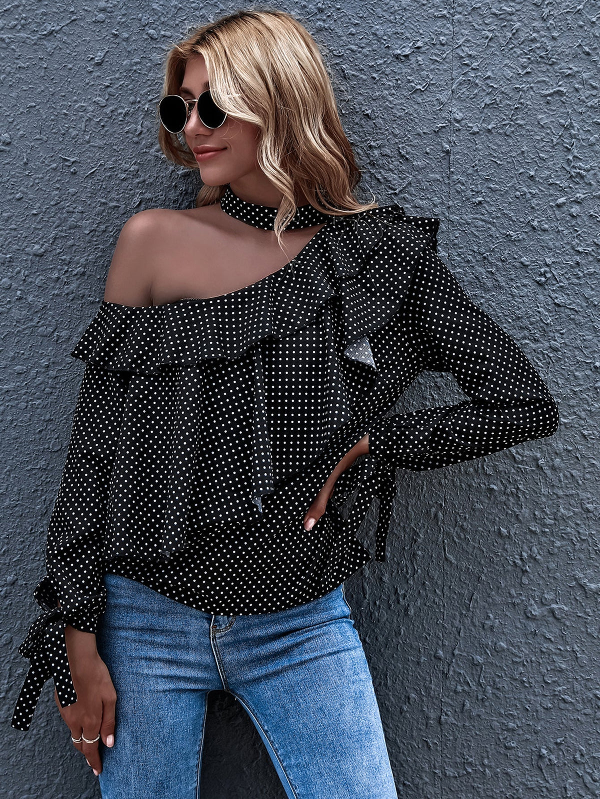 Polka Dot Cold Shoulder Ruffle Hem Blouse Sai Feel