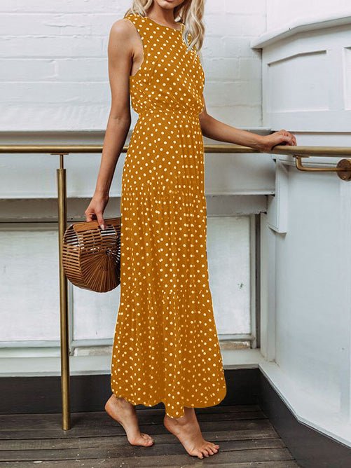 Polka Dot Crew Neck Sleeveless Dress Sai Feel