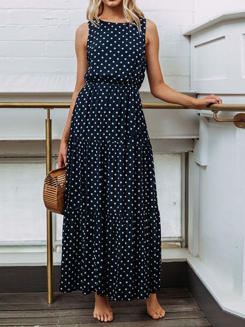 Polka Dot Crew Neck Sleeveless Dress Sai Feel