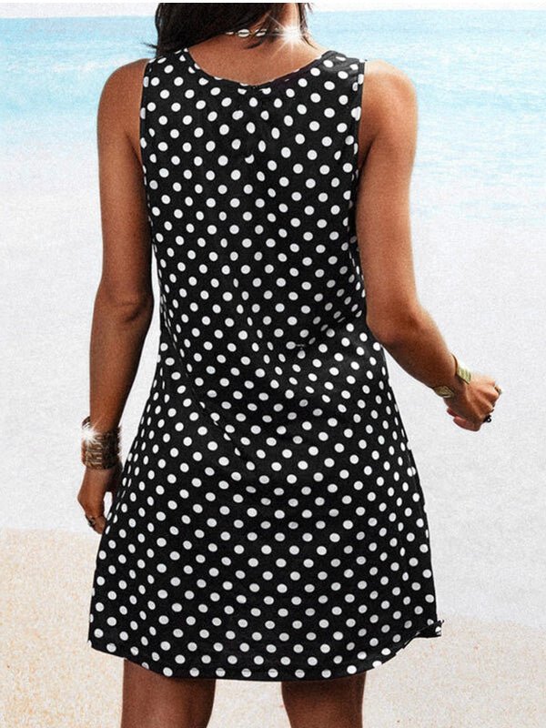 Polka Dot Print Crew Neck Sleeveless Dress Sai Feel