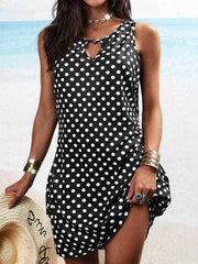 Polka Dot Print Crew Neck Sleeveless Dress Sai Feel