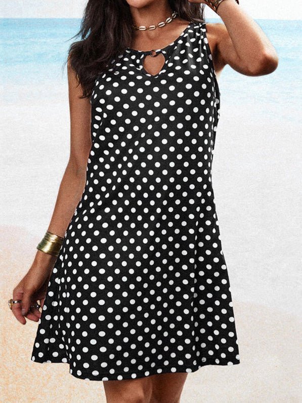 Polka Dot Print Crew Neck Sleeveless Dress Sai Feel