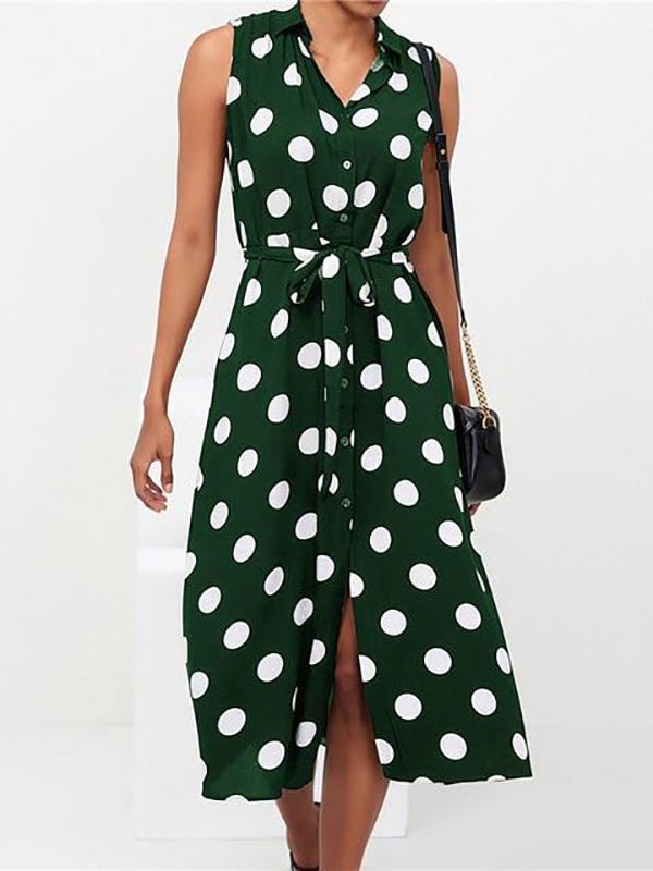 Polka Dot Print Lace-Up Sleeveless Shirt Dress Sai Feel