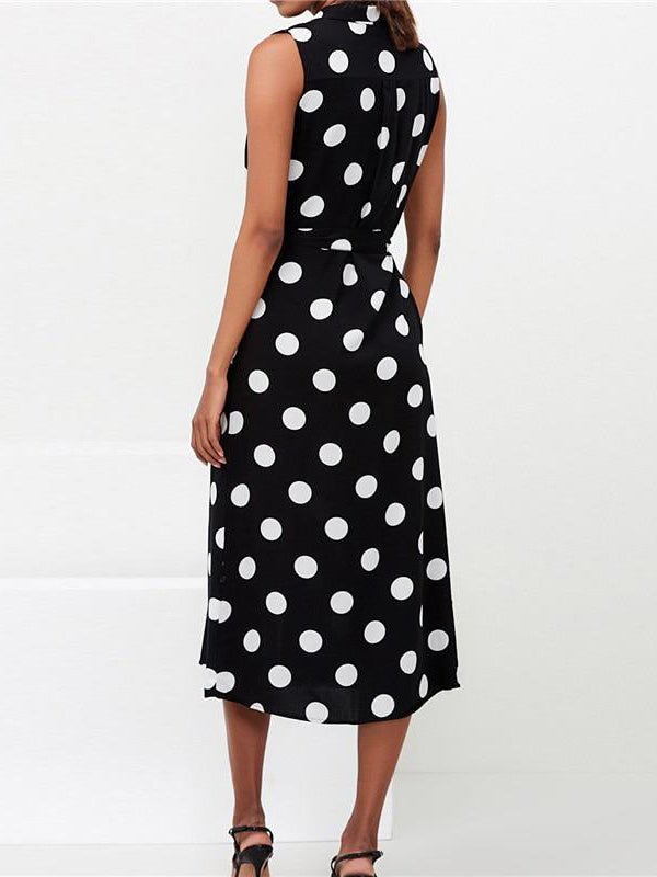 Polka Dot Print Lace-Up Sleeveless Shirt Dress Sai Feel