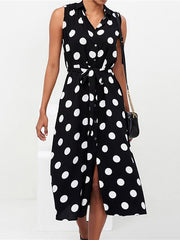 Polka Dot Print Lace-Up Sleeveless Shirt Dress Sai Feel