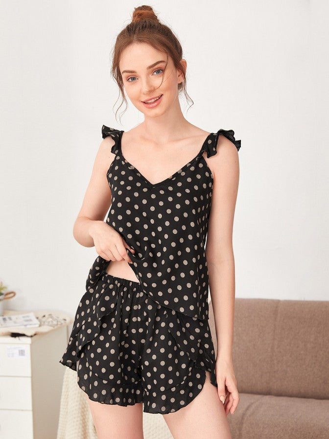 Polka Dot Rruffled Home Suspender Pajamas Sai Feel