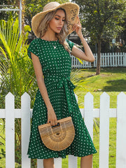 Polka Dot print Belted Pleated A-line Dress Sai Feel