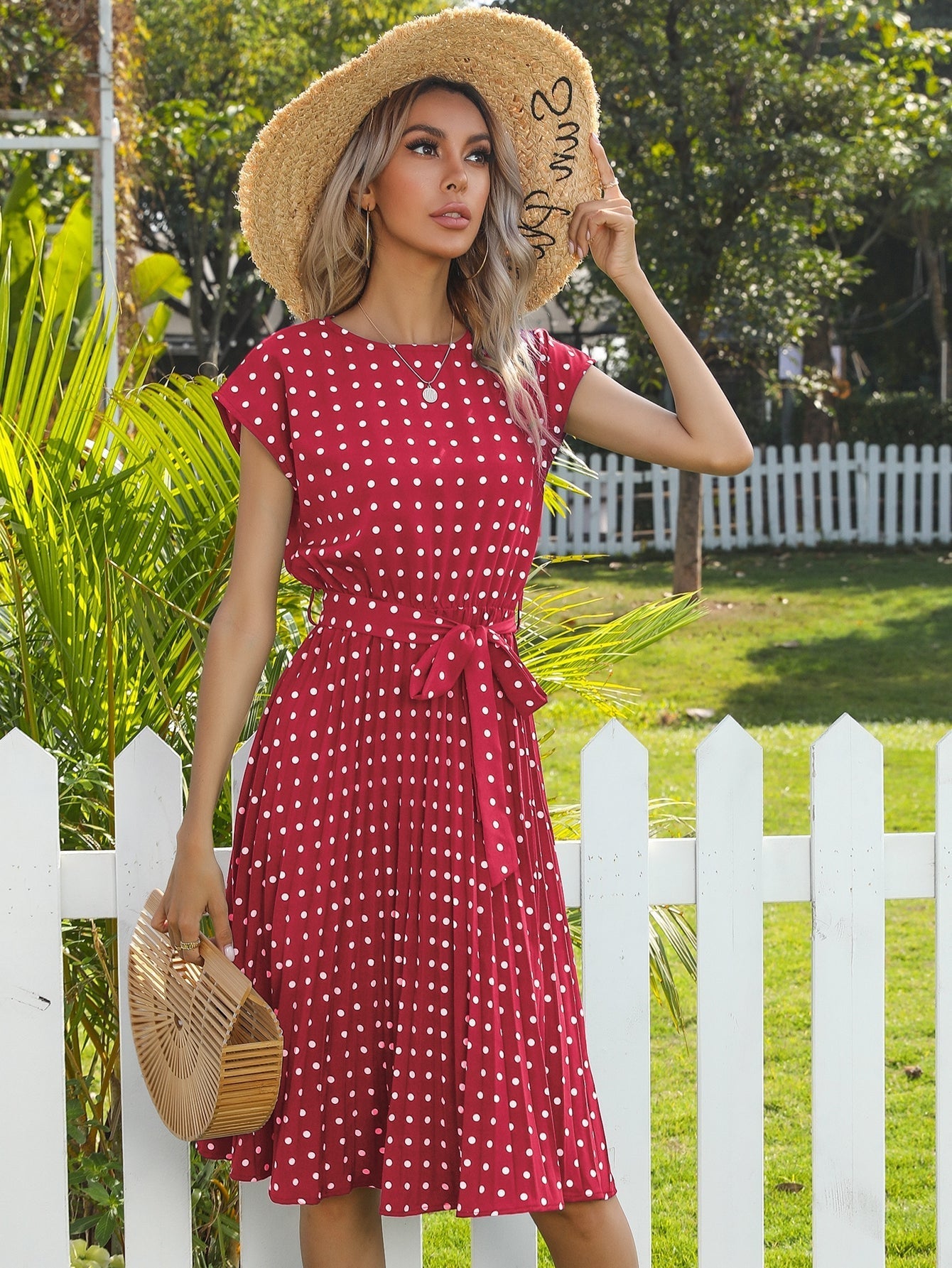 Polka Dot print Belted Pleated A-line Dress Sai Feel