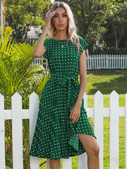 Polka Dot print Belted Pleated A-line Dress Sai Feel