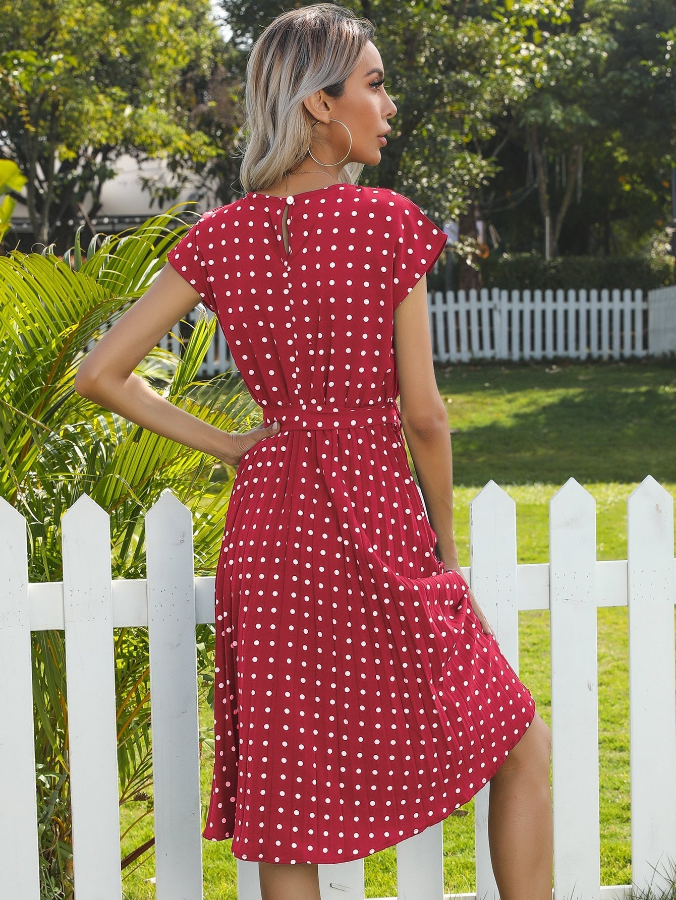 Polka Dot print Belted Pleated A-line Dress Sai Feel