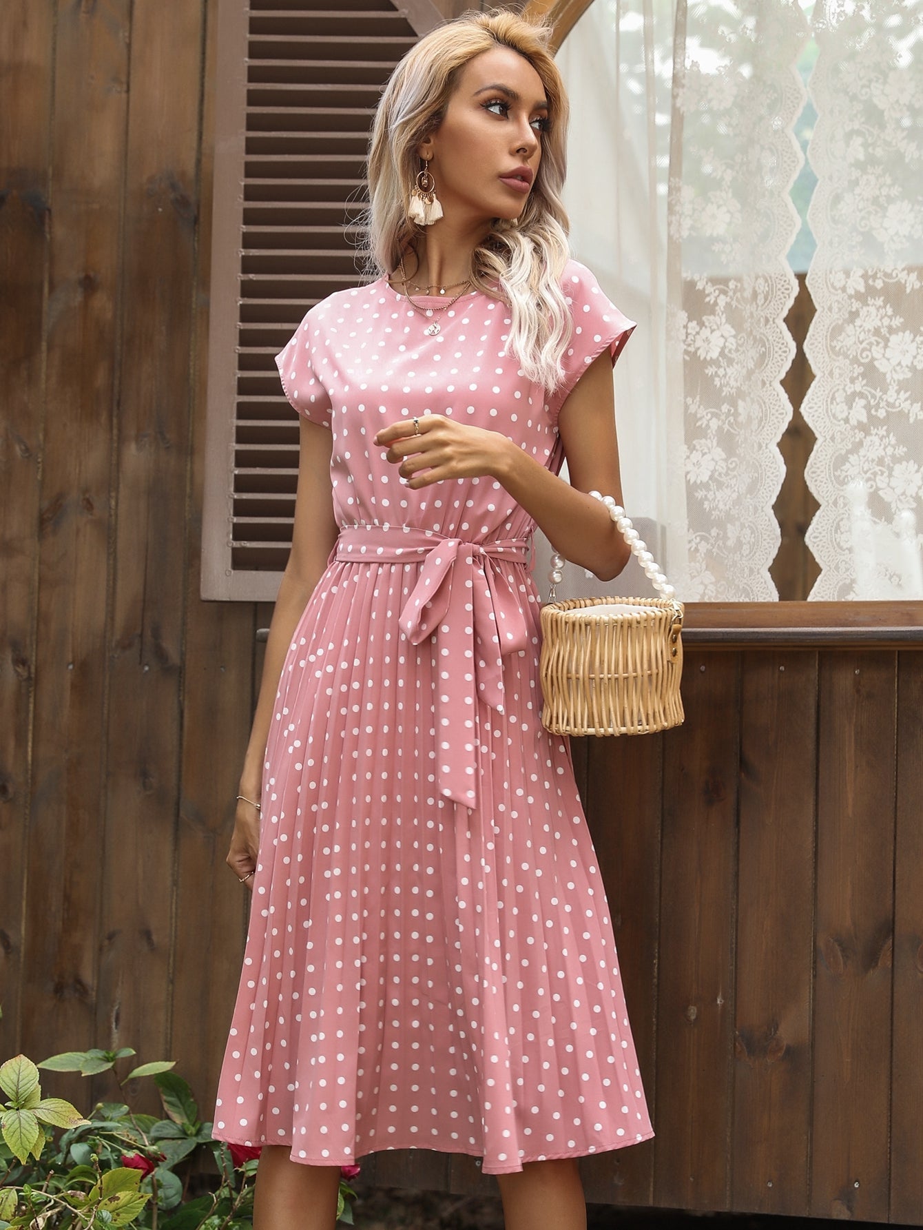 Polka Dot print Belted Pleated A-line Dress Sai Feel