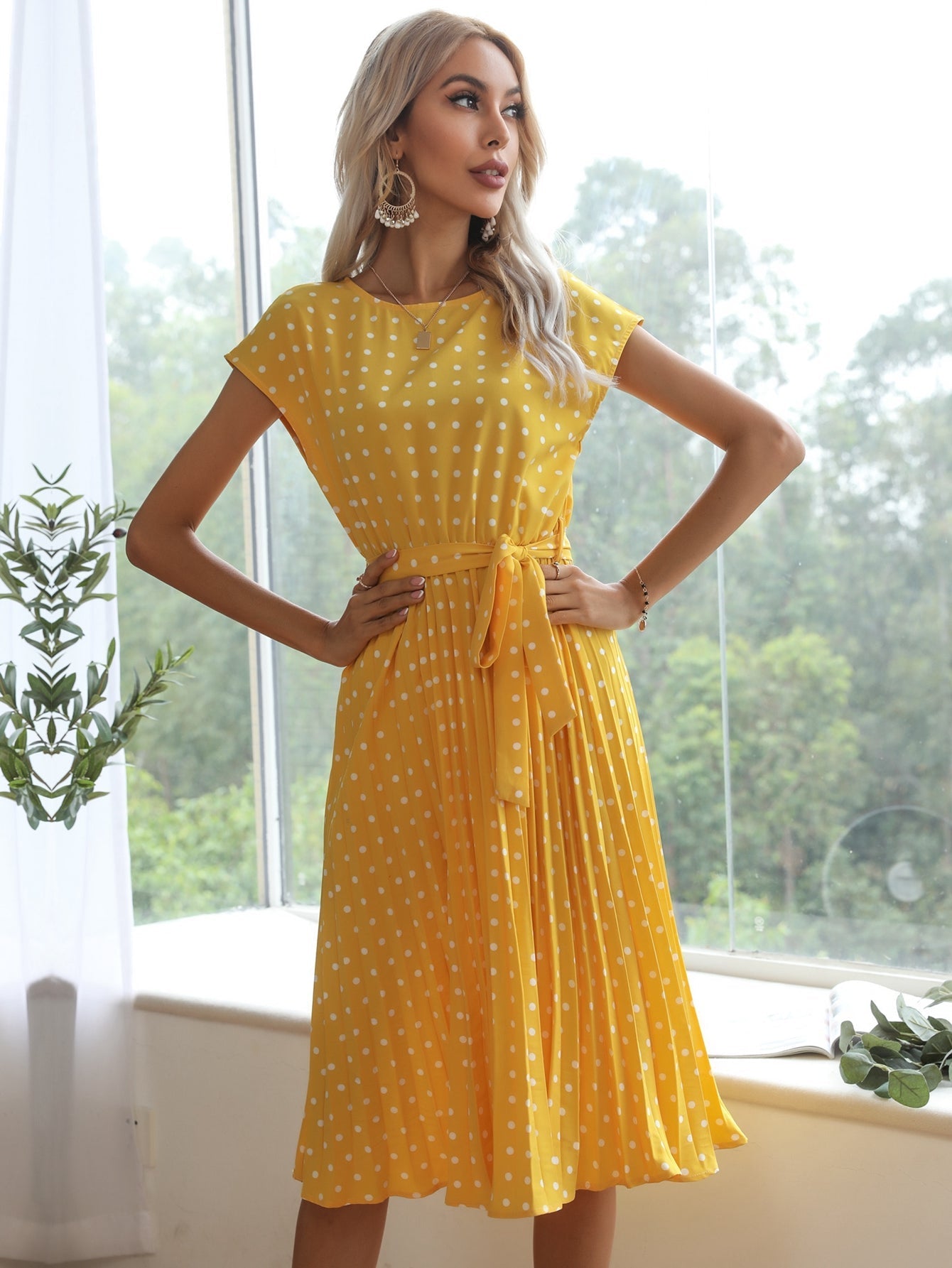 Polka Dot print Belted Pleated A-line Dress Sai Feel