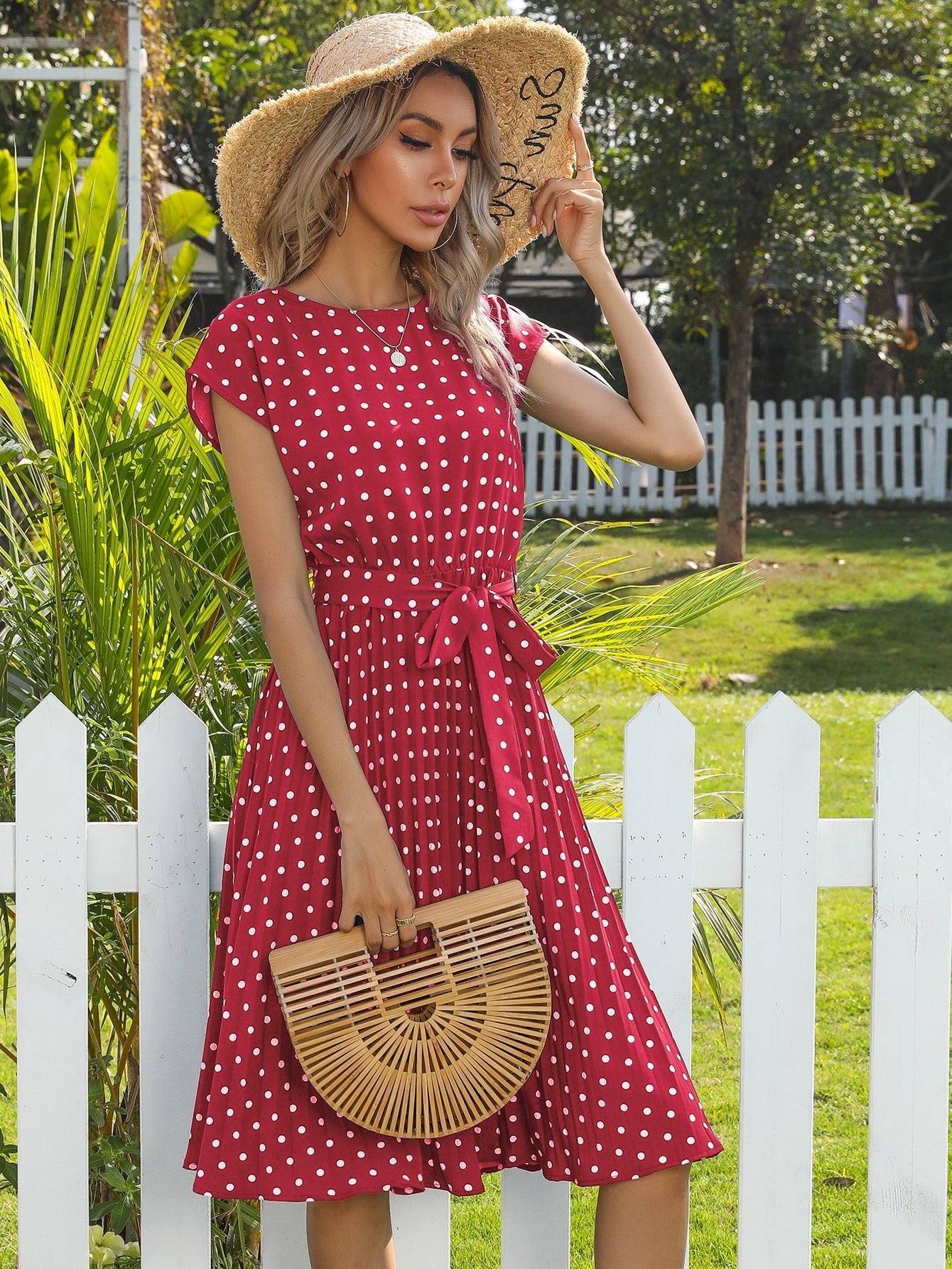 Polka Dot print Belted Pleated A-line Dress Sai Feel