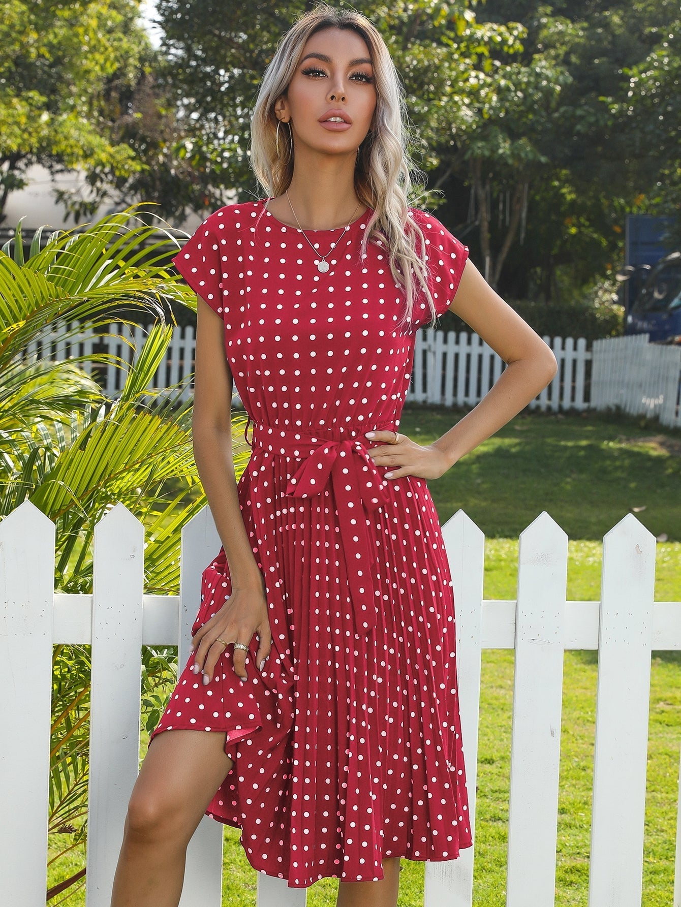 Polka Dot print Belted Pleated A-line Dress Sai Feel