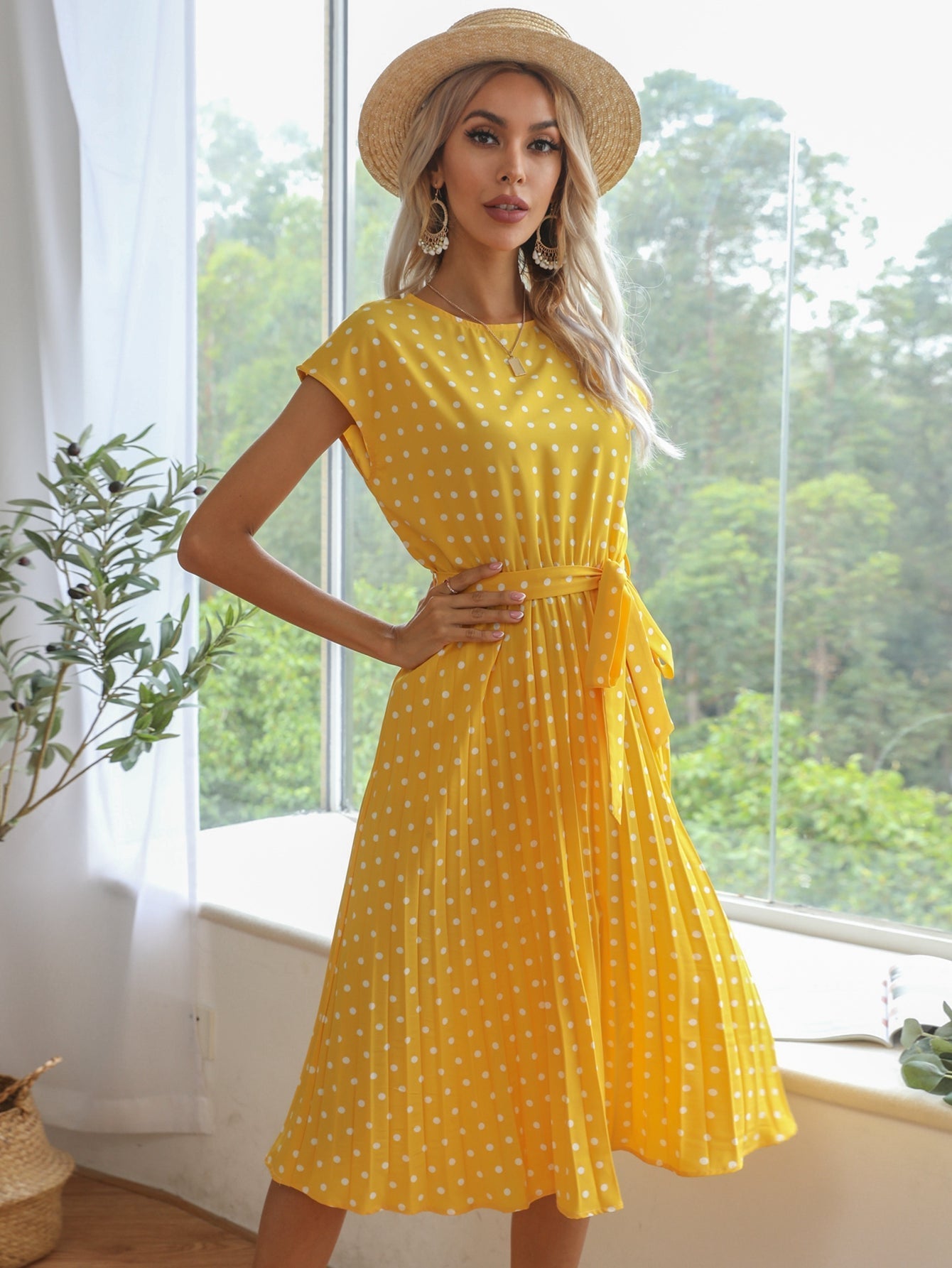 Polka Dot print Belted Pleated A-line Dress Sai Feel