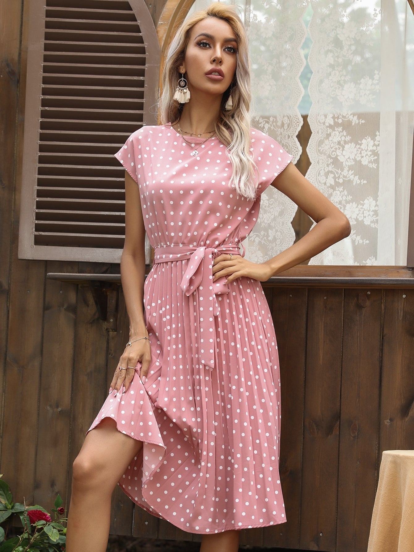 Polka Dot print Belted Pleated A-line Dress Sai Feel