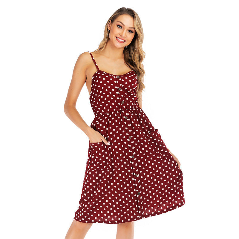 Polka Dots Button Front Cami Dress with Slant Pockets Sai Feel