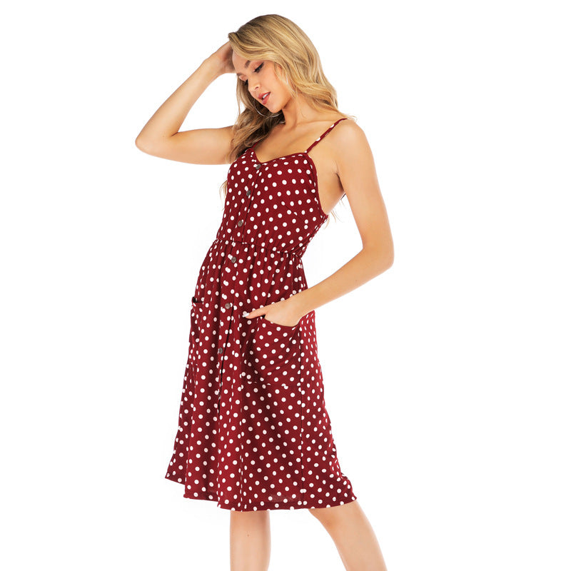 Polka Dots Button Front Cami Dress with Slant Pockets Sai Feel