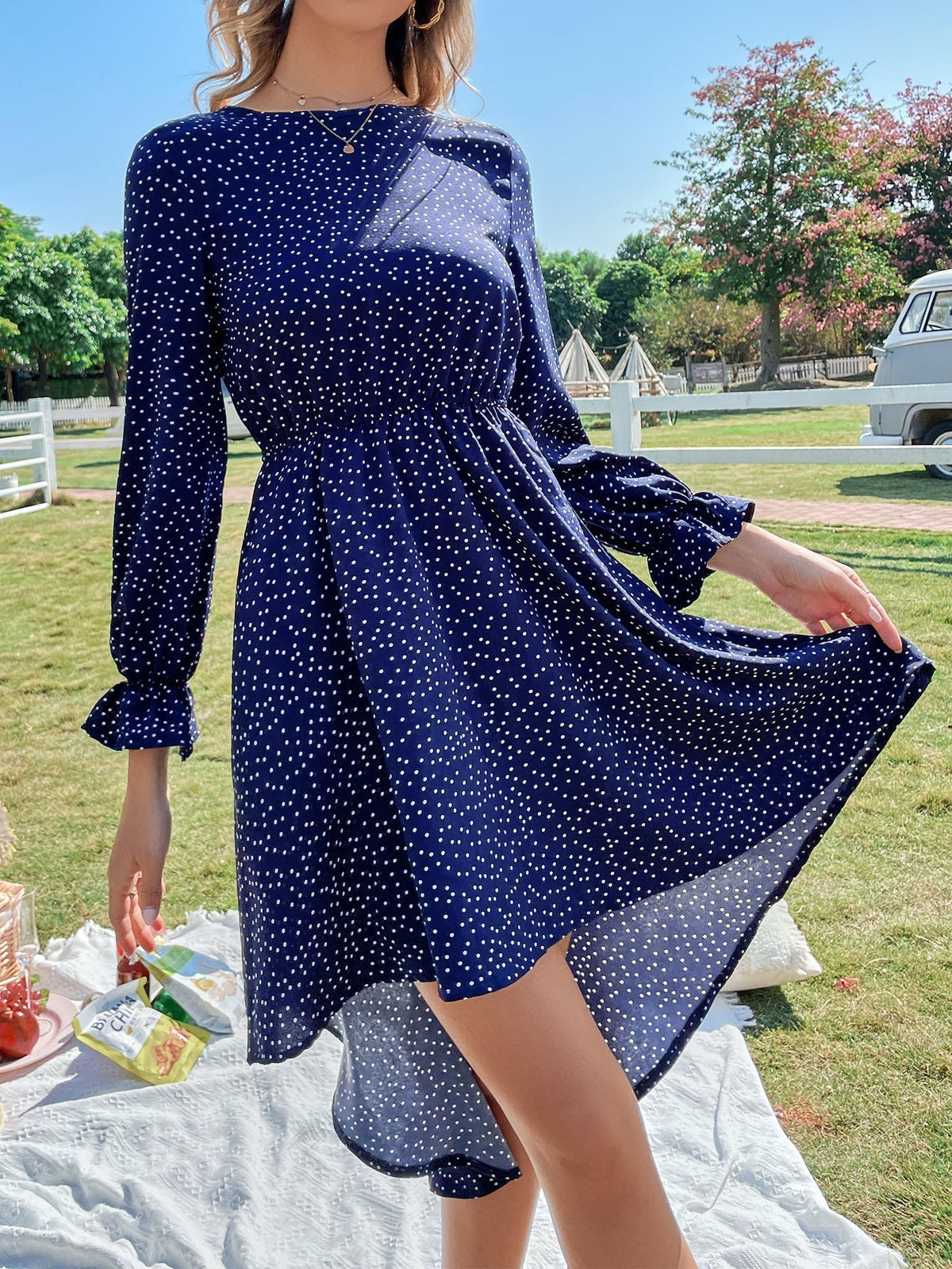 Polka Dots Elastic Waist Dress Sai Feel