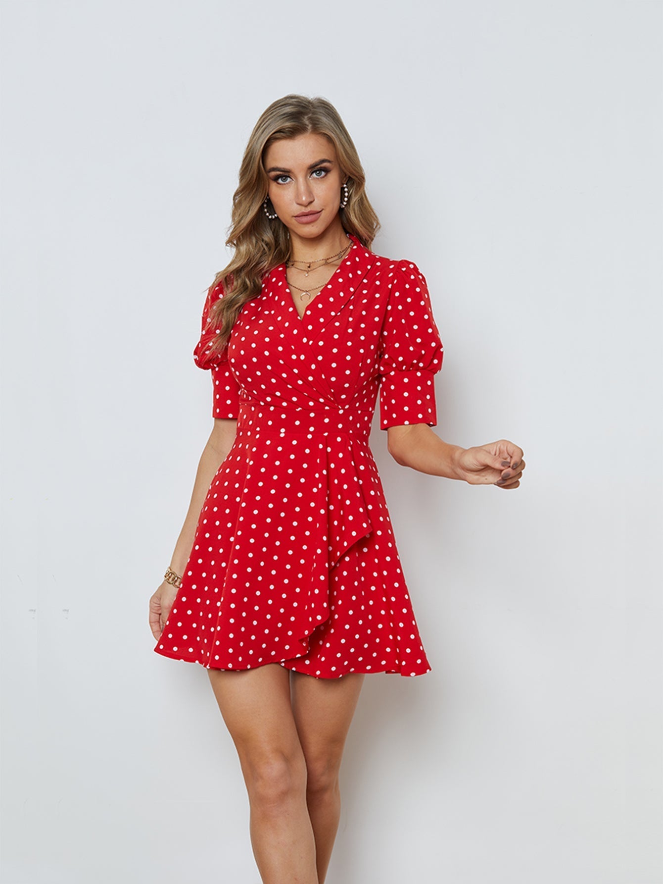 Polka Dots Puff Sleeve Ruffled Dress Sai Feel