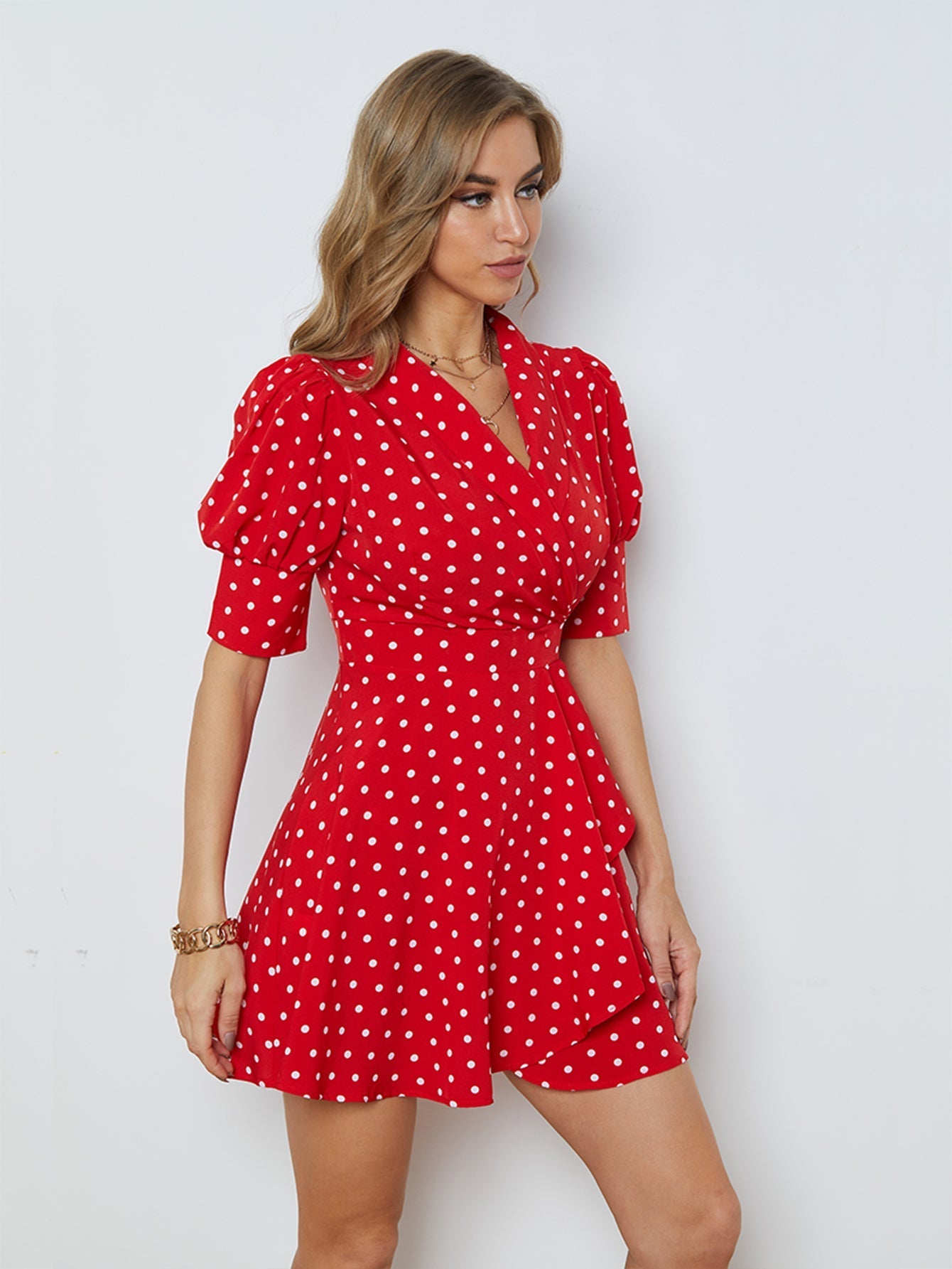 Polka Dots Puff Sleeve Ruffled Dress Sai Feel