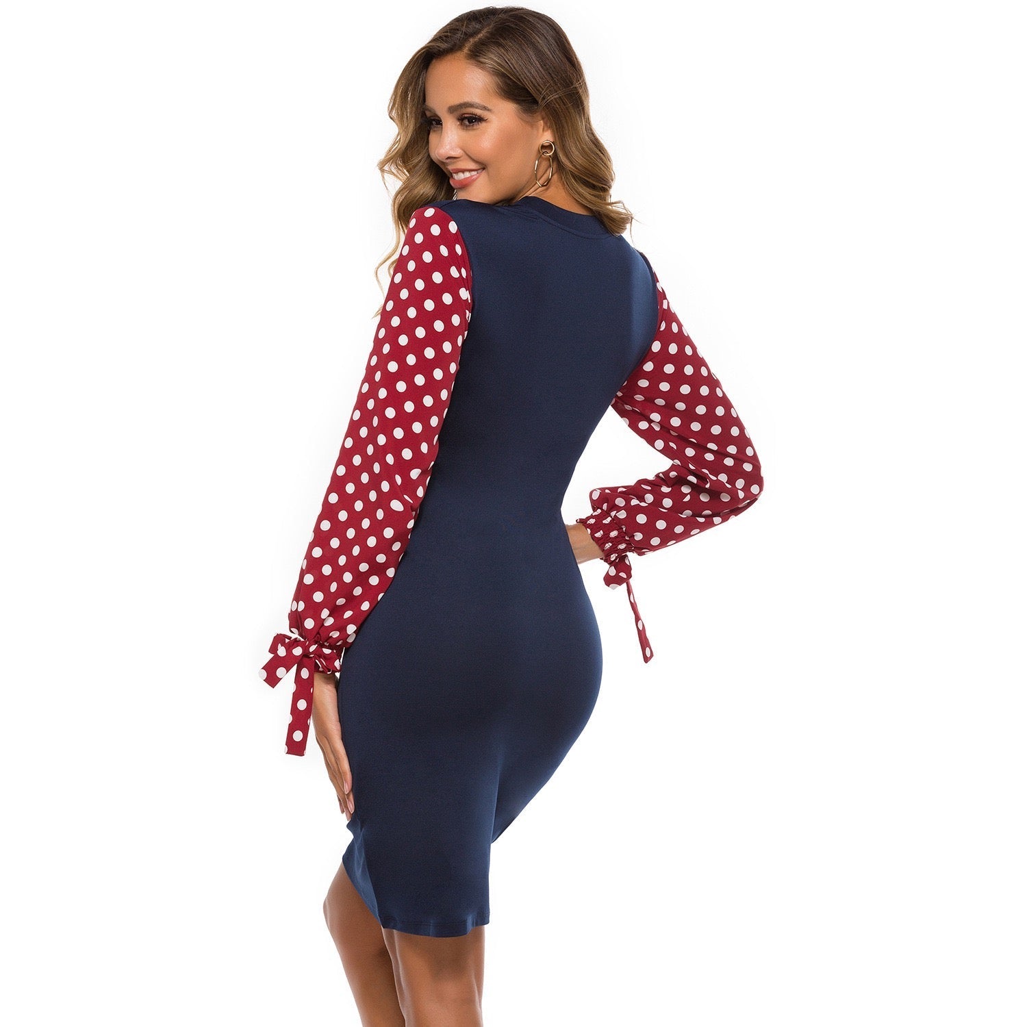 Polka dot Sleeve Block Fitted Bodycorn Dress Sai Feel