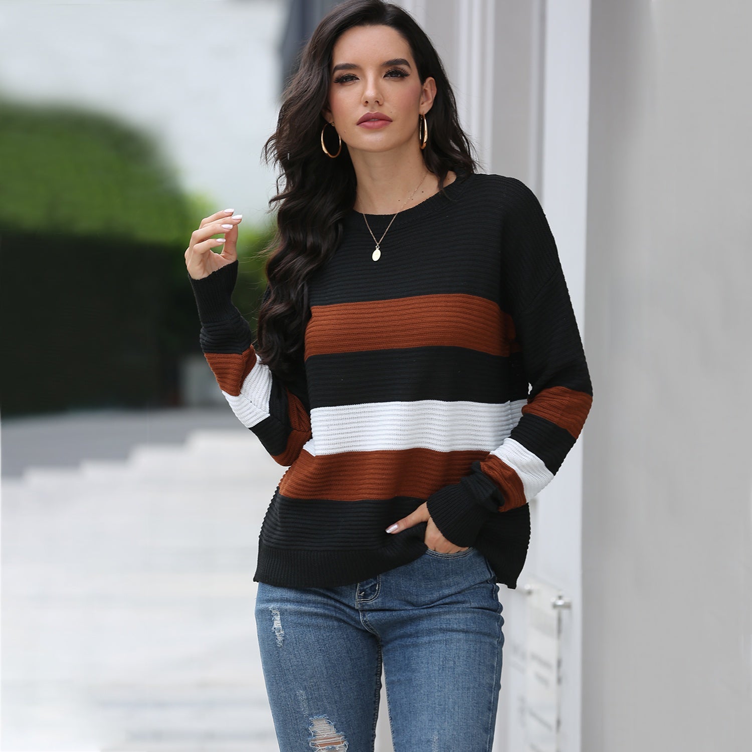 Preppy Contrast-Striped Loose Sweater Sai Feel