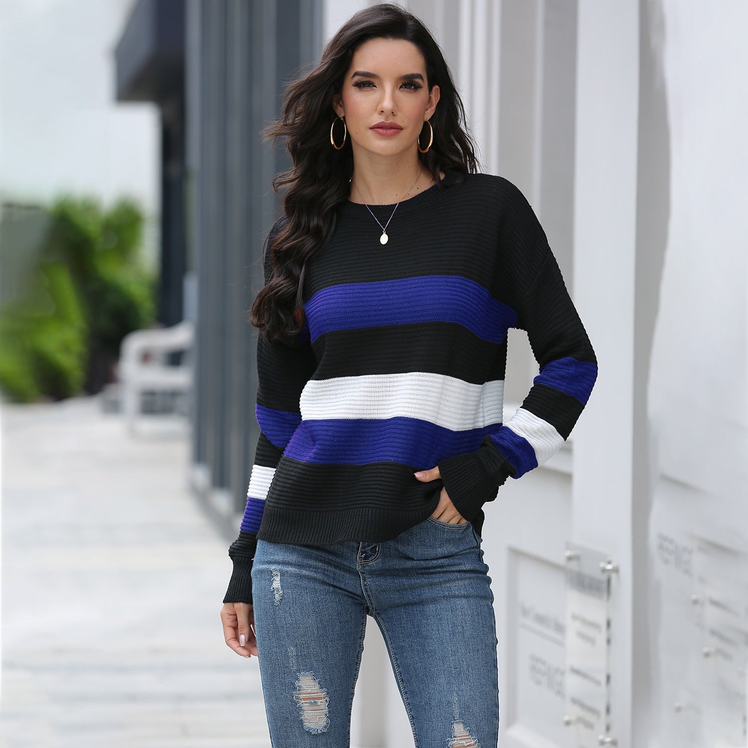 Preppy Contrast-Striped Loose Sweater Sai Feel