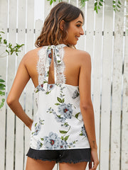 Print Contrast Lace Tie Back Halter Top Sai Feel