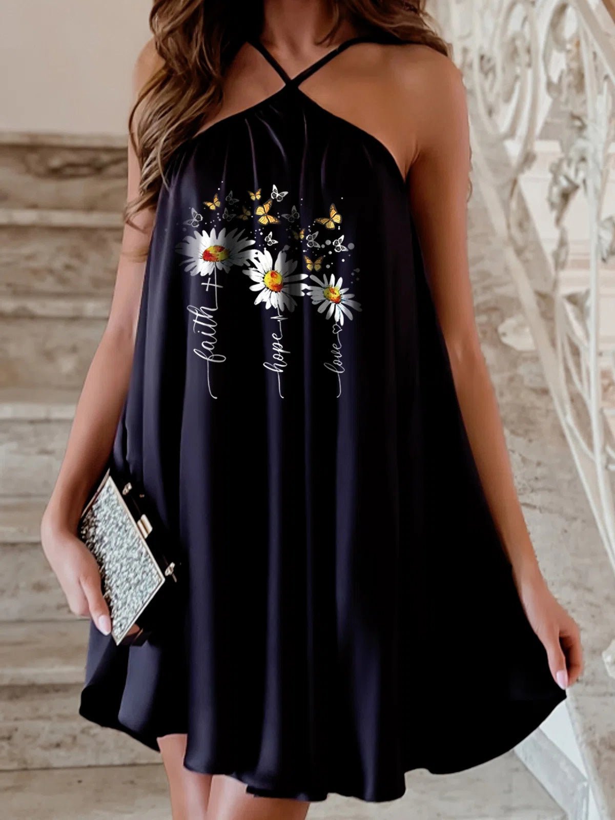 Print Halter Off Shoulder Sleeveless Dress Sai Feel