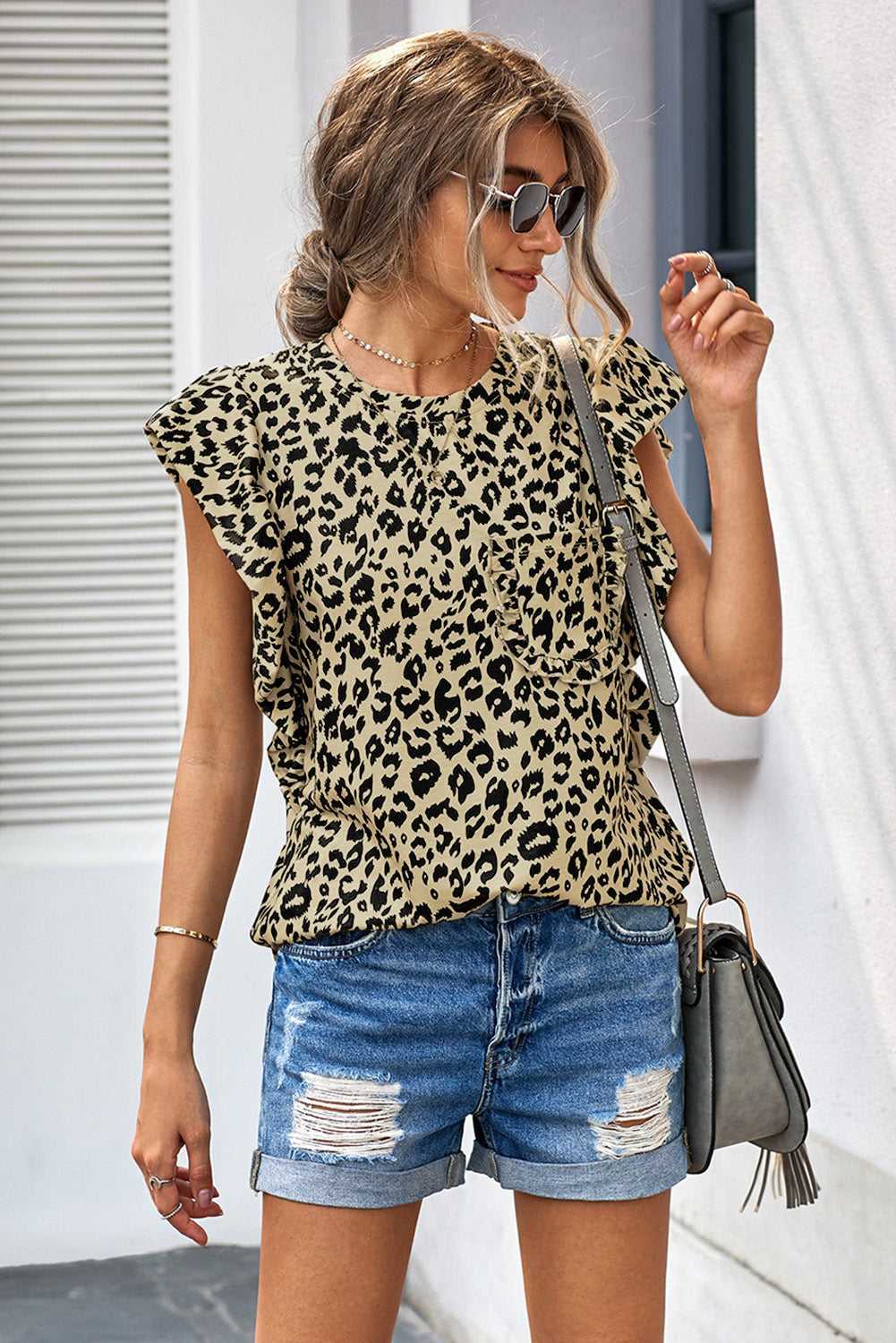 Print Ruffled Cap Sleeve T-shirt With Pocket