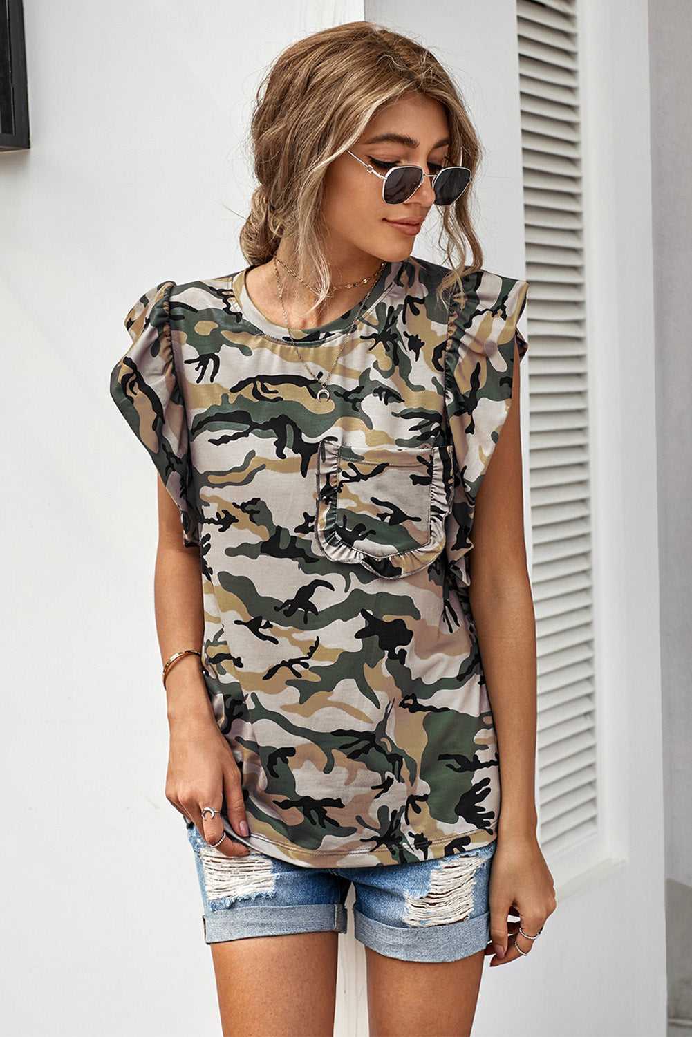 Print Ruffled Cap Sleeve T-shirt With Pocket Sai Feel