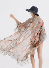 Print Sheer Fringed Cover Up Shawl Sai Feel