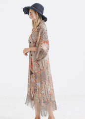 Print Sheer Fringed Cover Up Shawl Sai Feel