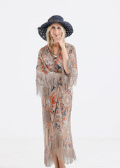 Print Sheer Fringed Cover Up Shawl Sai Feel