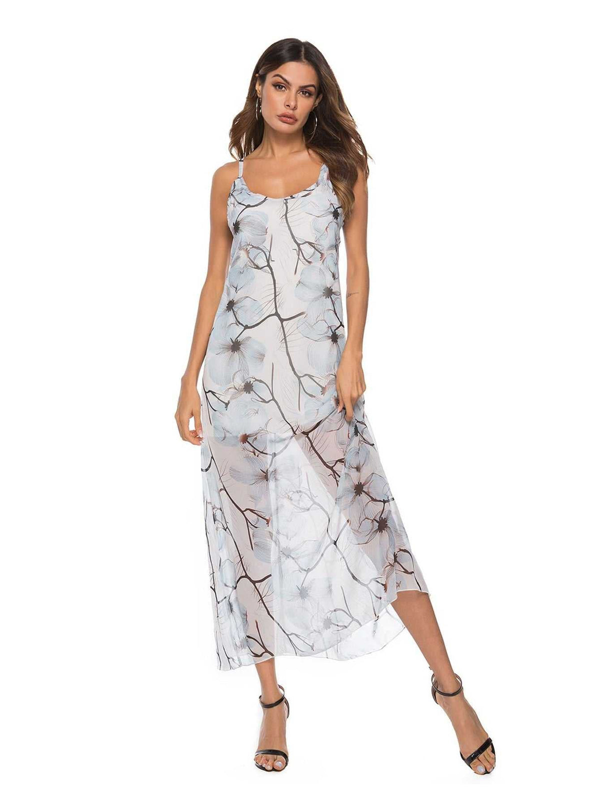 Print Sheer Mesh Maxi Cami Dress With Lining Without Lingerie Sai Feel