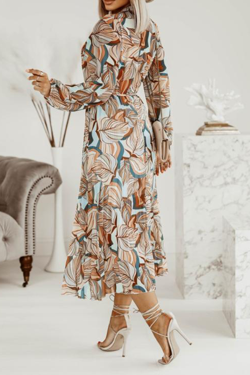 Print Split Joint Turndown Collar Waist Skirt Dresses(3 colors) Sai Feel