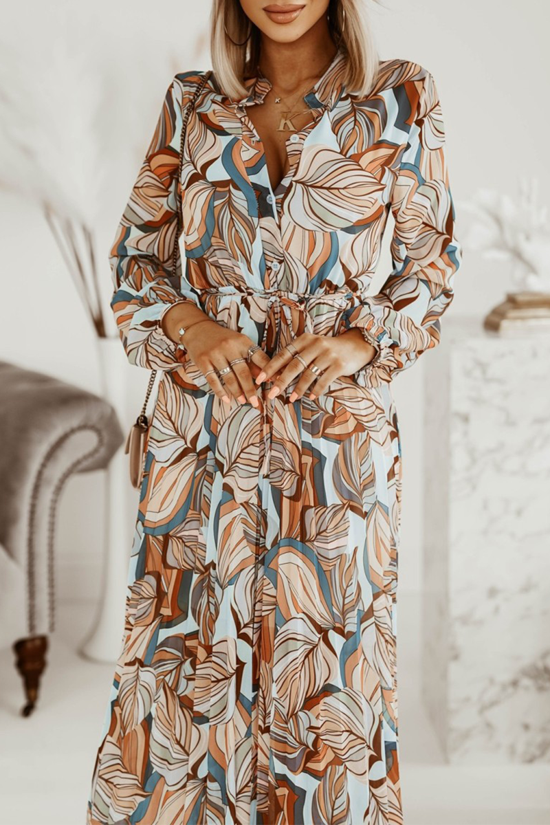 Print Split Joint Turndown Collar Waist Skirt Dresses(3 colors) Sai Feel