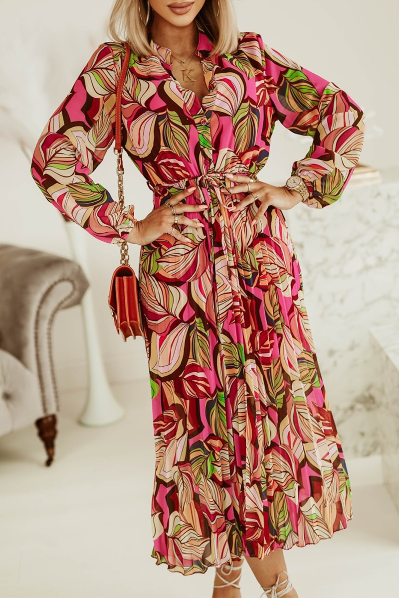 Print Split Joint Turndown Collar Waist Skirt Dresses(3 colors) Sai Feel