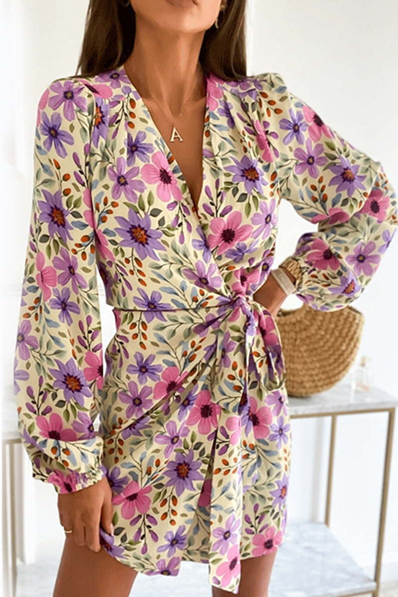 Print Split Joint V Neck Waist Skirt Dresses(4 colors) Sai Feel