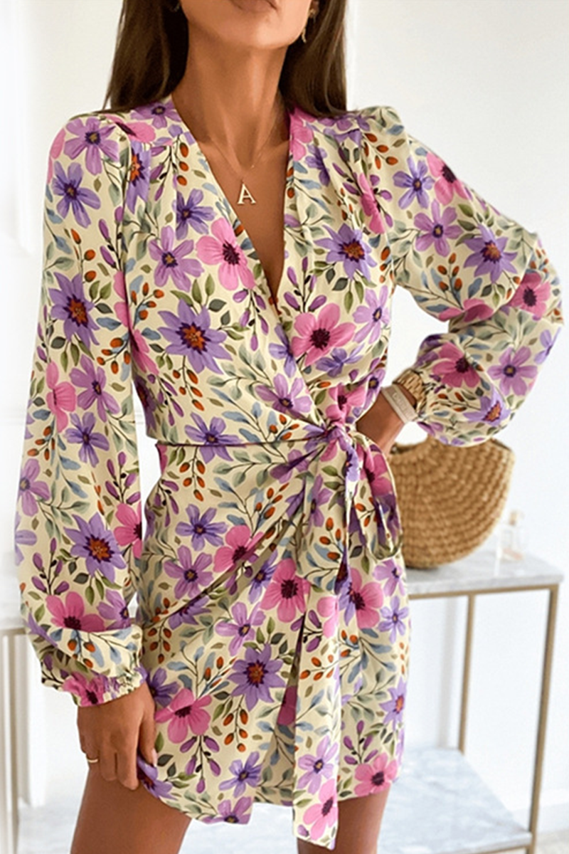 Print Split Joint V Neck Waist Skirt Dresses(4 colors) Sai Feel