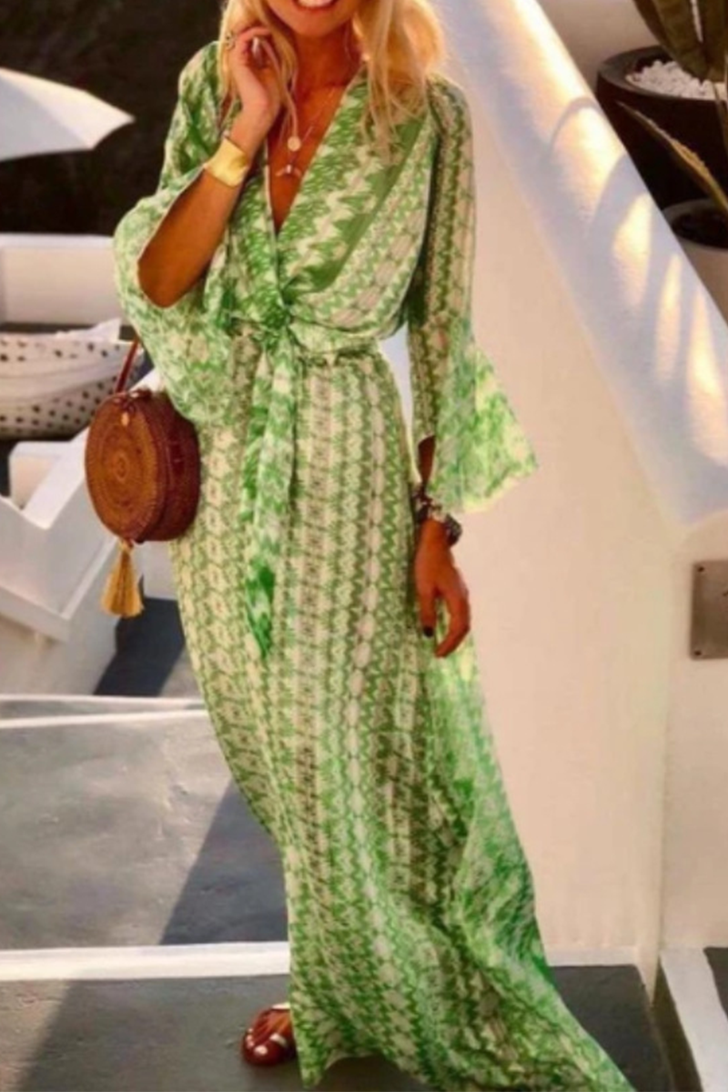 Print Split Joint V Neck Waist Skirt Dresses Sai Feel