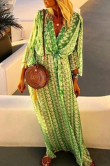 Print Split Joint V Neck Waist Skirt Dresses Sai Feel